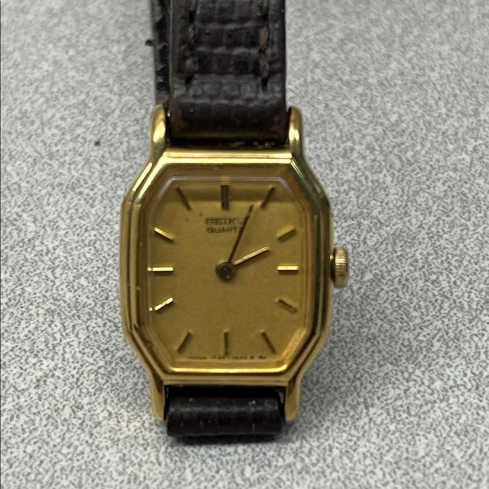 Classic Seiko Gold Dial Watch with Brown Leather Strap